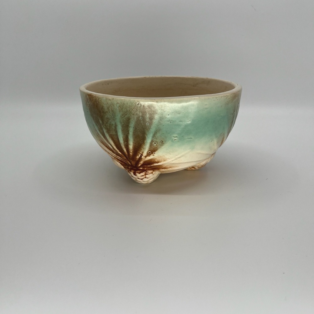 Vintage 1945 McCoy Rustic Pinecone Footed Ceramic Bowl Jardiniere Turquoise - Picture 9 of 12
